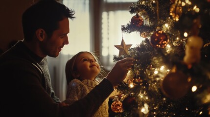 A father and daughter decorate a Christmas tree together in a warm, cozy living room during the holiday season in the evening