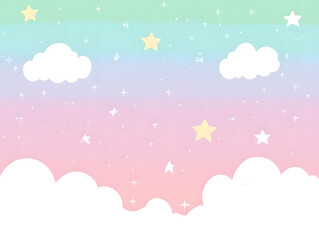 Fototapeta premium Cute Pastel Sky with Clouds, Stars, and Sparkles - Soft Fantasy Illustration