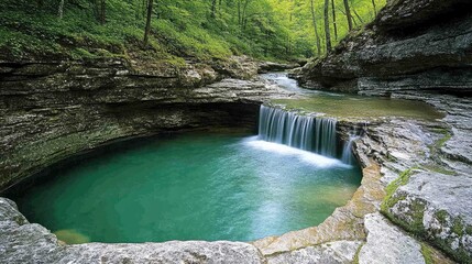 A small waterfall cascades into a natural pool surrounded by lush green trees and rocks.