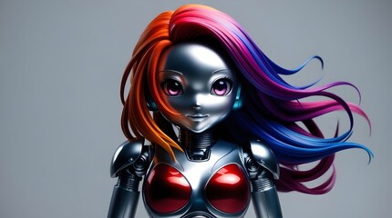 futuristic female android with vibrant hair and cybernetic body