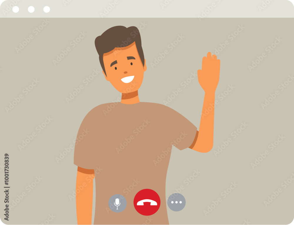 Poster man is waving while participating in a video call on his computer