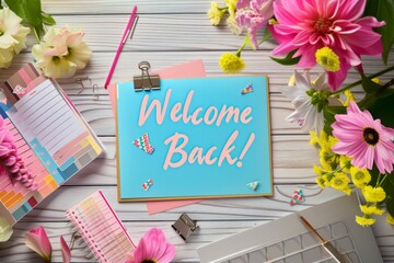 Welcome Back! Desk Decor with Flowers and Office Supplies