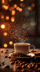 A steaming cup of coffee with fresh beans on the tab