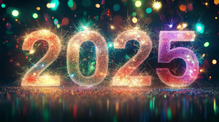 Glittering Sparkling Fireworks Displaying 2025 in Dazzling Lights for New Year Celebration, Symbolizing Fresh Beginnings and Festive Holiday Spirit