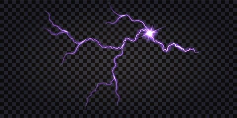 Lightning thunder bolt with purple light glow crack lines, electric impulse, dynamic motion luminous curve with flash explosion strike. Isolated vector on transparent background