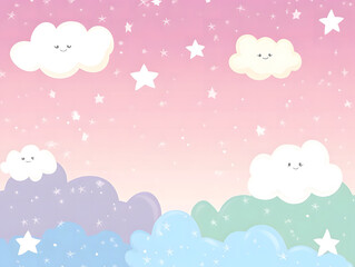 Fototapeta premium Cute Pastel Sky with Clouds, Stars, and Sparkles - Soft Fantasy Illustration