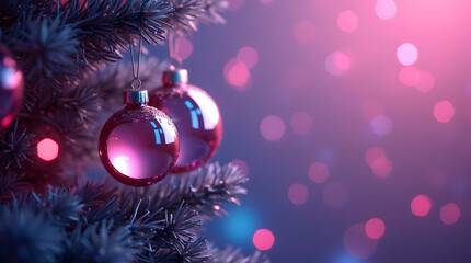 Rendering of glass christmas baubles against a purple background. Christmas ornaments on a Christmas tree with bokeh neon pink and blue lights. Generative AI