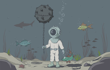 Diver holds a sea mine in his hands on the ocean floor. Vector illustration