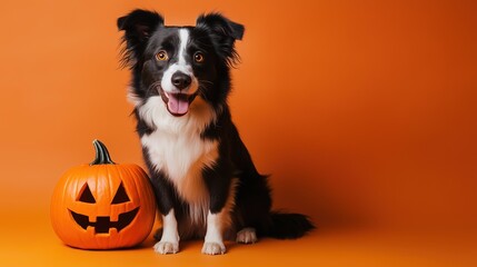 Obraz premium Dog with jack o' lantern on an orange background