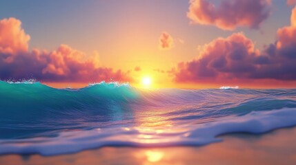 A stunning sunset over a calm ocean with a wave crashing in the foreground.