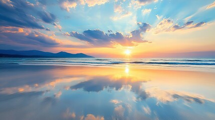 A stunning sunset over the ocean with a reflection of the sky in the water.