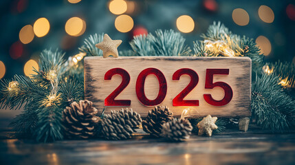 Red 2025 Wooden Numbers on Rustic Pine Garland with Bokeh Lights, Capturing the Essence of a Cozy Holiday Season and New Year Spirit