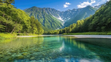 A stunning view of a crystal clear river flowing through a lush green valley surrounded by majestic mountains.