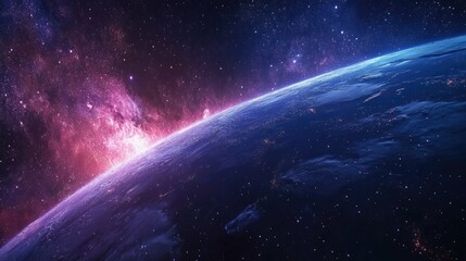Fototapeta premium A stunning view of Earth from space, with a vibrant nebula in the background. The planet's surface is illuminated by city lights, and the atmosphere is a swirling mix of blue and purple.