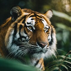 Fototapeta premium Tiger is looking at the camera. Professional animal portrait. The tiger is in a green forest