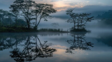 A tranquil misty morning scene with trees reflected in a still lake.