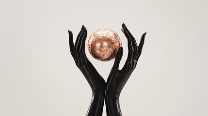 Surreal Elegance: Black Mannequin Hands Holding a Rose Gold Sphere in Minimalist Design, Blending Fashion, Esoteric Mysticism, and Sacred Geometric Aesthetics