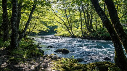 Fototapeta premium A tranquil stream flows through a lush green forest, sunlight dappling the water's surface.