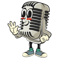 vintage microphone cartoon character mascot retro vector design greet by waving your hand, work of hand drawn