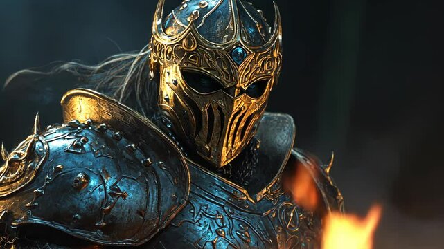 A knight, clad in dark blue and gold armor, stands with a determined look in his eyes, facing a burning fire