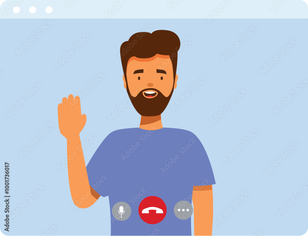 Poster man is waving on a video call interface with microphone, end call, and more options buttons