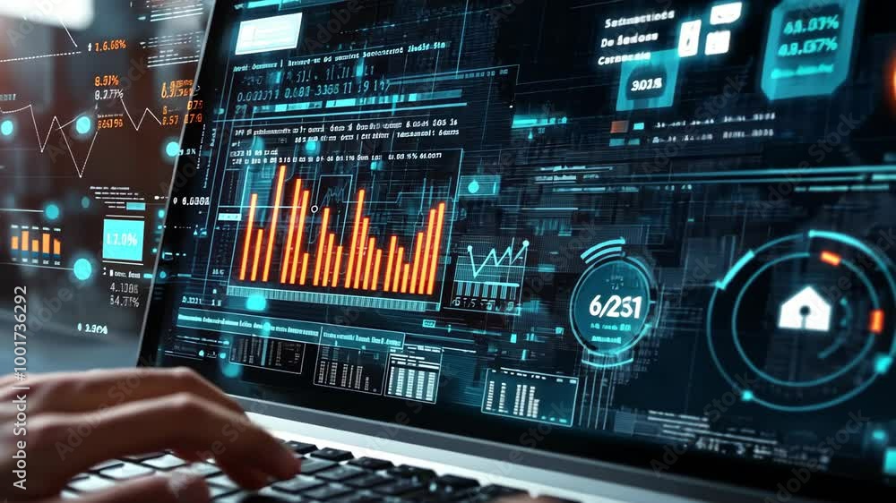 Aufkleber a person uses a laptop to monitor data analytics, displayed with colorful graphs and charts
