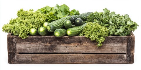 Fresh green vegetables in a rustic wooden crate. This image captures the essence of healthy eating and organic produce. Perfect for culinary, gardening and eco-friendly themes. AI