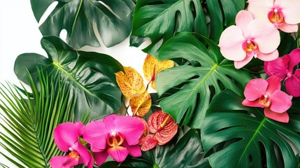 A vibrant arrangement of pink orchids and tropical leaves creates a tropical frame around a white background.