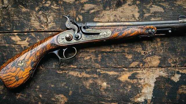 A detailed close-up of a historic flintlock pistol resting on a weathered wooden surface