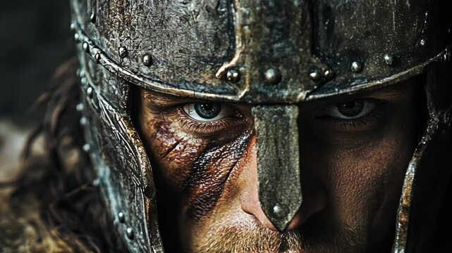 A close-up portrait of a warrior, his face obscured by a metal helmet, his eye intense and focused