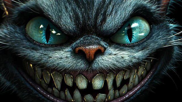 A close-up of a menacing Cheshire cat's face, showing its sharp teeth and piercing blue eyes
