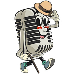 vintage microphone cartoon character mascot retro vector design carrying a stick and saluting with raised hat, work of hand drawn