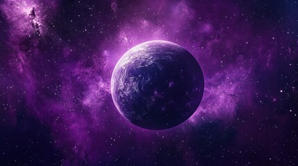Obraz premium A vibrant purple nebula surrounds a blue planet in space, creating a cosmic backdrop.