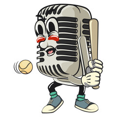 vintage microphone cartoon character mascot retro vector design playing baseball ready to hit the ball with the bat, work of hand drawn