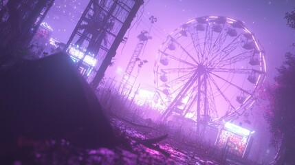 Hauntingly Beautiful: Ray Tracing Artwork of Creepy Carnival at Night with Abandoned Ferris Wheel, Flickering Lights, and Ominous Shadows