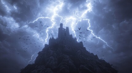 Fototapeta premium Stormy Night at the Dark Castle - Ray Tracing Artwork of Spooky Castle with Lightning, Bats, and Cliff Edge