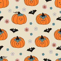 seamless pattern with cute  pumpkins and bat