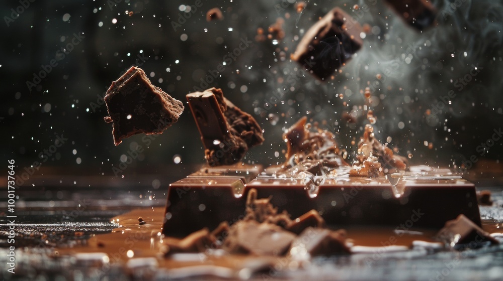 Poster exploding chocolate bar with flying chunks in mid-air