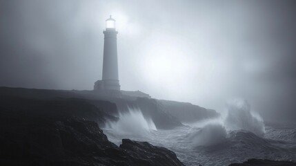 Ghostly Haunted Lighthouse: Ray Tracing Artwork of Eerie Scene with Crashing Waves and Spooky Illumination