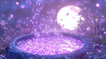 Fototapeta premium Mystical Witch's Cauldron Brewing Potion Under Full Moon - Digital Ray Tracing Artwork