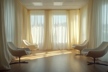 Fototapeta premium therapy room atmosphere, a gentle breeze softly moves the sheer curtains in the group therapy room, bringing a serene atmosphere for support and reflection
