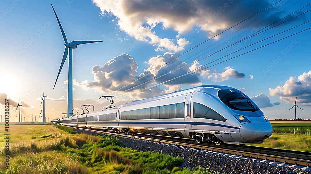 Aufkleber dynamic scene of a high-speed train traveling alongside wind turbines in an open field with scattere