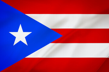 Puerto Rico flag on waving silk background. Fabric texture. National icon of Puerto Rico.