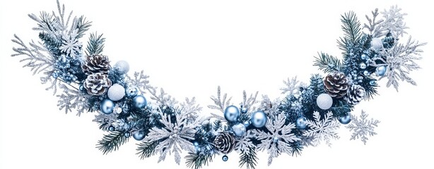 Middle shot of a wreath adorned with silver snowflakes and red berries, isolated background, elegant design, room for text.