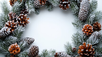 Fototapeta premium Middle shot of a wreath adorned with shimmering snowflakes and glowing fairy lights, isolated white background, space for text.