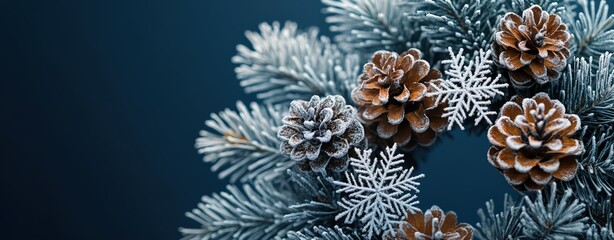Middle shot of a modern wreath with intricate snowflake details and frosted pinecones, isolated background, space for text.