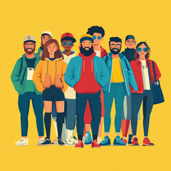 A group of people are standing in a line, with some wearing glasses and backpacks. Concept of camaraderie and unity among the group