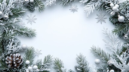 Middle shot of a snowy wreath with sparkling silver snowflakes and mistletoe, isolated white background, space for text.
