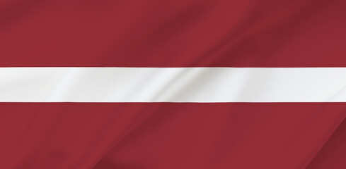 Latvia flag on waving silk background. Fabric texture. National icon of Latvia.