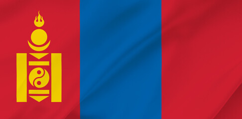 Mongolia flag on waving silk background. Fabric texture. National icon of Mongolia.